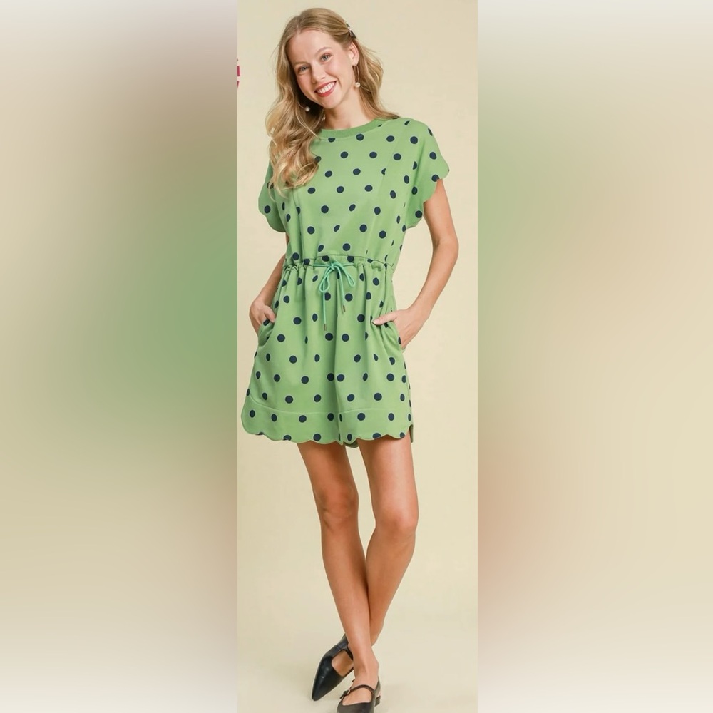 Umgee Sage Green Dress with Navy Dot Dress from Hale House Boutique NWT